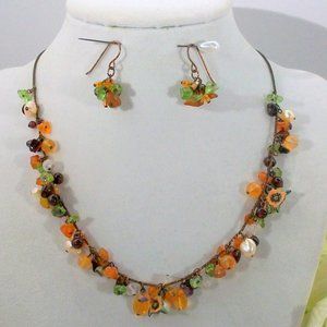 Multi Color Chip Beads Freshwater Pearls Necklace Matching Earring Set